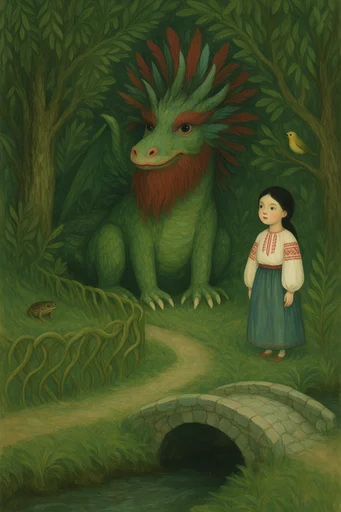 Mystical Folk Surrealism style reference image — deep forest palette