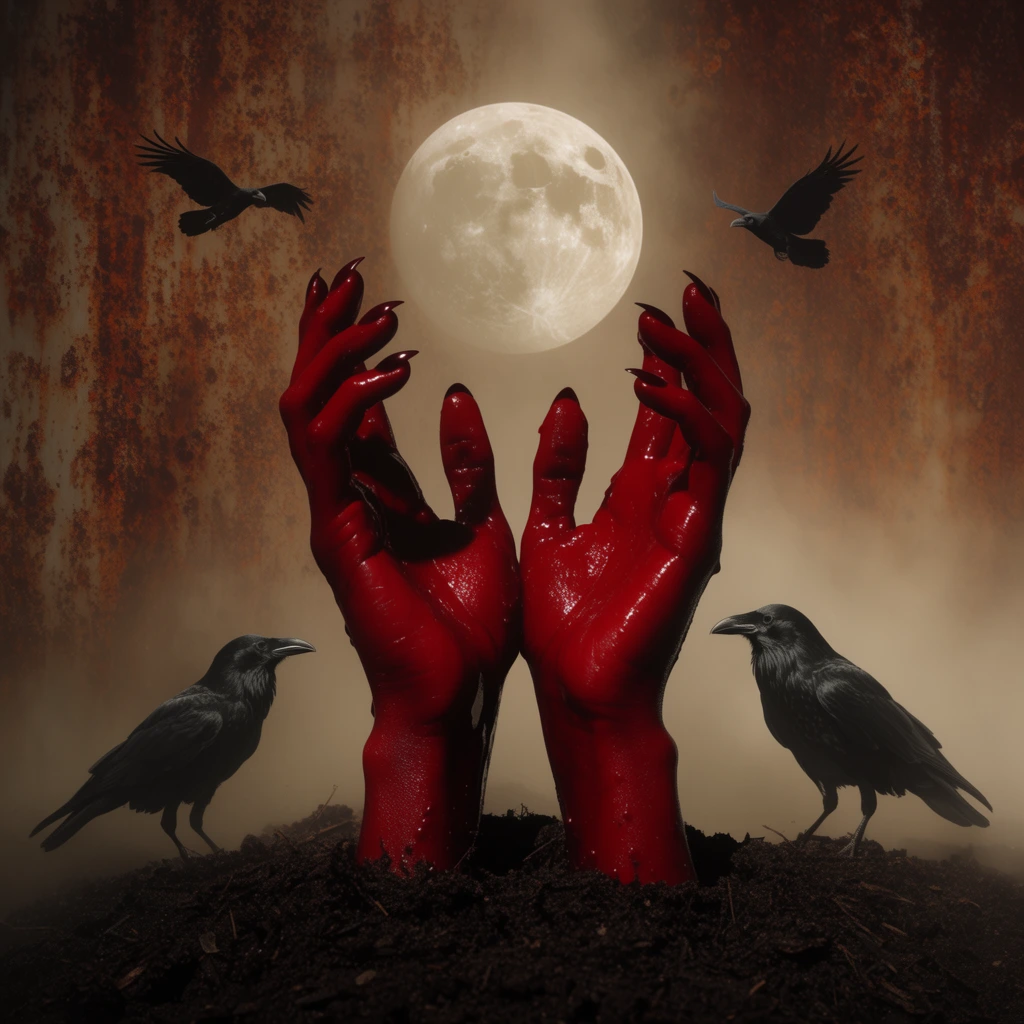 glossy blood-red hands reaching upward from dark soil, pale full moon, black ravens flying and standing, misty sepia fog, textured rust background, dramatic lighting, surreal gothic horror