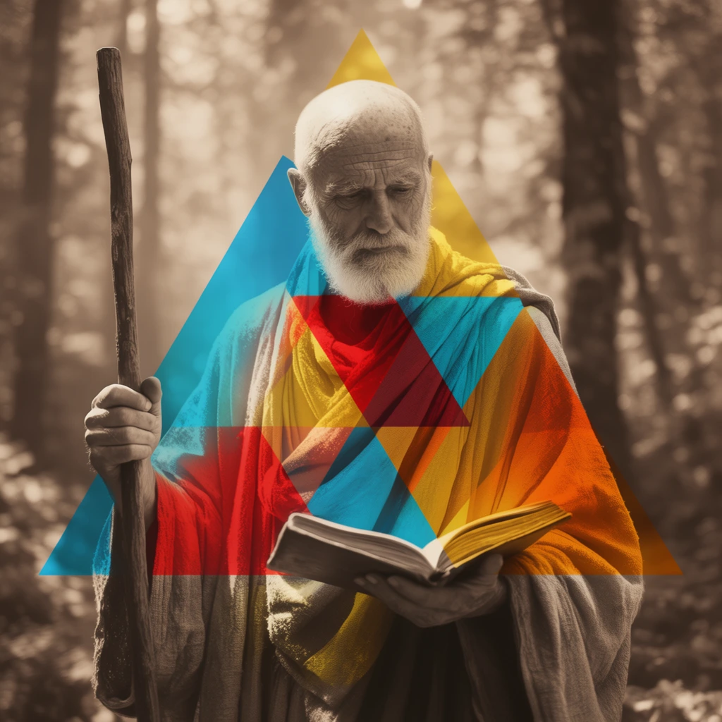 An elderly bald man with a white beard stands in a softly blurred forest, gripping a tall wooden staff and holding an open book. He wears heavily draped robes rendered in a base sepia-toned photographic style. A bold graphic overlay of transparent, sharp geometric triangles in vibrant cyan, red, golden yellow, and orange intersects across his figure. These colored polygons act as vivid optical filters, selectively colorizing angular sections of his textured garments and weathered face while preserving the underlying photographic shadows and highlights. Out-of-focus tree trunks and dappled sunlight fill the background.