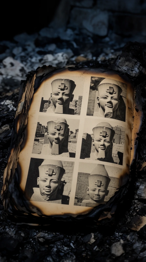 A partially burnt book page rests atop charred dark debris. The surviving paper displays a grid of black and white historical photographs depicting carved stone heads of ancient Egyptian figures wearing traditional headdresses, alongside architectural ruins. The page features heavily scorched, black, curling edges from fire damage. Dramatic, focused lighting illuminates the sepia-toned paper and the distinct facial features of the statues. The background consists of out-of-focus, cool-toned ashes and ruined rubble in a dimly lit environment.