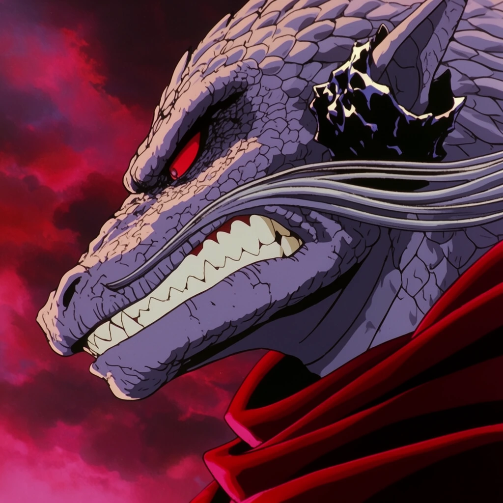 A fierce reptilian humanoid warrior is captured in a tight profile shot against turbulent, swirling magenta and blood-red storm clouds. The figure features pale lavender scaled skin, a snarling expression with gritted sharp teeth, and a glaring crimson eye angled downward. Flowing silver tendrils sweep back from the face, and a jagged obsidian cuff adorns a pointed ear. A high-collared crimson velvet cloak rests around the neck. The composition utilizes a retro cel-shaded animation style with bold black linework, high-contrast graphic shadow blocking, and intensely saturated hues to establish a dark cinematic scene.