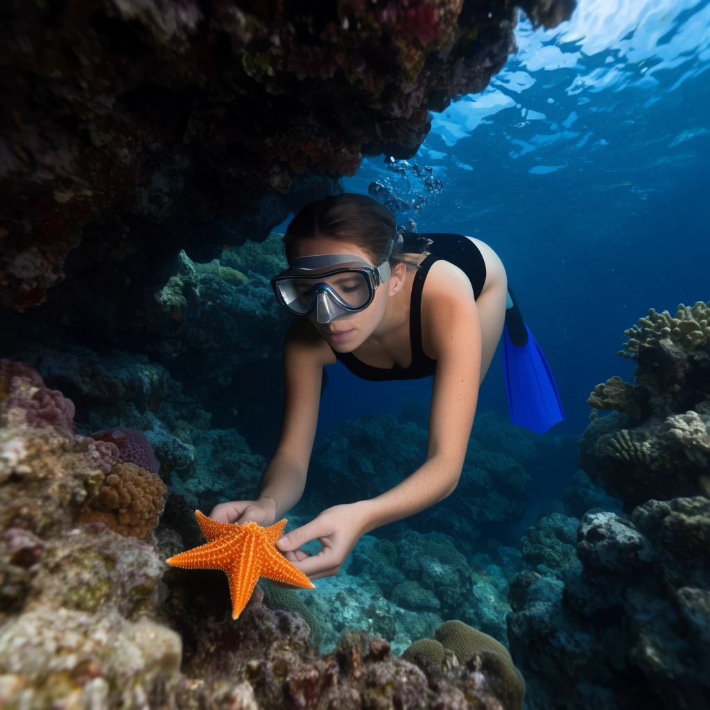 A female diver in a black swimsuit and diving mask explores a shadowed coral reef, gently holding an orange starfish. Wearing a bright blue swimming fin, she navigates beneath a massive coral overhang surrounded by textured oceanic rock formations and deep blue, sun-dappled water.