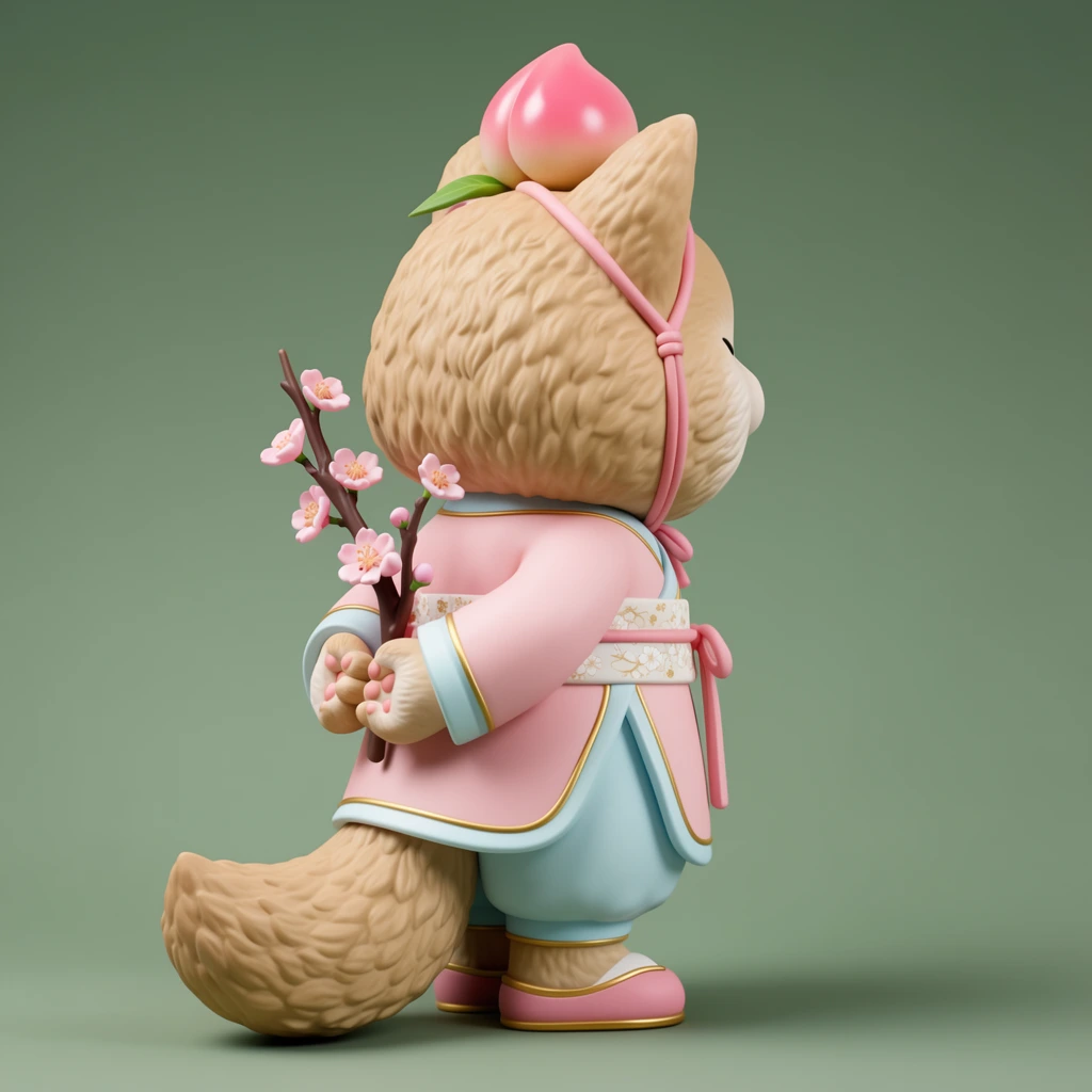 A 3D-rendered art toy of a fluffy tan anthropomorphic animal stands in a three-quarter rear profile against a solid sage green background. The figure wears a traditional pastel pink and light blue outfit with a white floral-patterned waist sash and gold accents. A glossy pink peach rests atop its head, secured by a pink cord tied under the chin. Its hands are clasped behind its back, holding a small branch adorned with pink cherry blossoms. A thick, textured tail rests behind small pink shoes with gold trim. Soft, diffuse studio lighting casts a gentle drop shadow, highlighting the matte pastel color palette and the contrast between the sculpted fur and smooth garments.