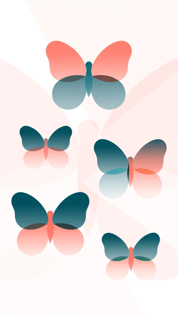 five minimalist butterflies with translucent pastel wings floating in a structured airy composition, set against a pristine cream-white background with a soft-focus geometric watermark, interconnected by a network of ultra-fine vector lines and delicate point-grid speckles, featuring a signature palette of soft coral and muted teal, rendered with a clean flat-graphic aesthetic, incorporating soft-edged pill shapes and high-key lighting for a premium corporate-modern feel