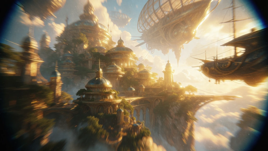 sprawling fantasy city with ornate multi-tiered cliffside buildings, lush vegetation, massive skeletal biomechanical airships, smaller vessel docked right, cloud-filled chasm, ethereal dreamlike atmosphere, heavy radial peripheral motion blur, deep circular vignette, golden volumetric light leaks, intense blooming lens flare, hazy golden hour glow, halated highlights, low contrast, grainy film aesthetic, anamorphic distortions, nostalgic soft-focus cinematography.