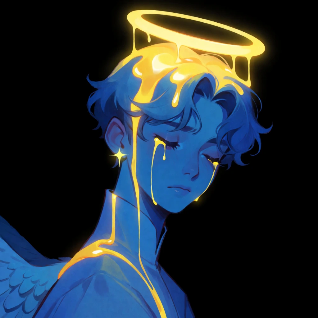 A digital illustration features a blue-toned, angelic figure with closed eyes, topped by a glowing yellow halo that melts down their face and shoulders against a solid black background. The central figure is a young person with short, wavy hair, depicted in shades of deep cerulean and royal blue. A luminous yellow halo floats above their head, casting a bright glow that reflects intensely on the top of their hair and forehead. Thick, viscous yellow liquid drips from the halo onto the crown of the head and flows down the face from the corners of the closed eyes, resembling glowing tears. Long, thin trails of this golden liquid run down the long neck and onto the shoulders of a high-collared garment. A single, small, four-pointed star-shaped earring glints in bright yellow on the figure's left ear. In the bottom left corner, the tips of blue feathered wings are visible, overlapping the figure's shoulder. The figure is positioned in a three-quarter profile, tilted slightly downward, creating a somber expression. The composition is a close-up portrait with a vertical orientation and dramatic, high-contrast lighting originating entirely from the glowing yellow elements. The art style is characterized by smooth digital rendering and a vibrant complementary color palette of neon yellow and deep blue.