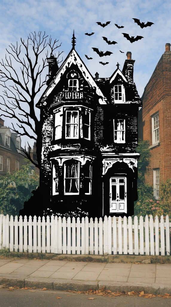 high-contrast black and white graphic silhouette of a victorian house, white picket fence, bare tree, flying bats, mixed media collage superimposed onto a full-color photograph of a suburban street with brick buildings and sidewalk, surreal juxtaposition
