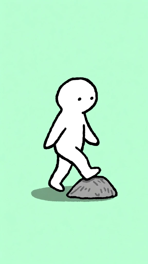 minimalist 2d hand-drawn illustration of a simple white humanoid figure walking across a rugged gray rock surface, featuring thick wobbly black outlines with uneven line weights, flat color fills, minimalist facial features with two tiny black dots for eyes, solid pastel mint green background, simple dark green oval drop shadow on the ground, lo-fi digital animation aesthetic, charmingly crude hand-rendered strokes, playful and naive character design, centered composition.