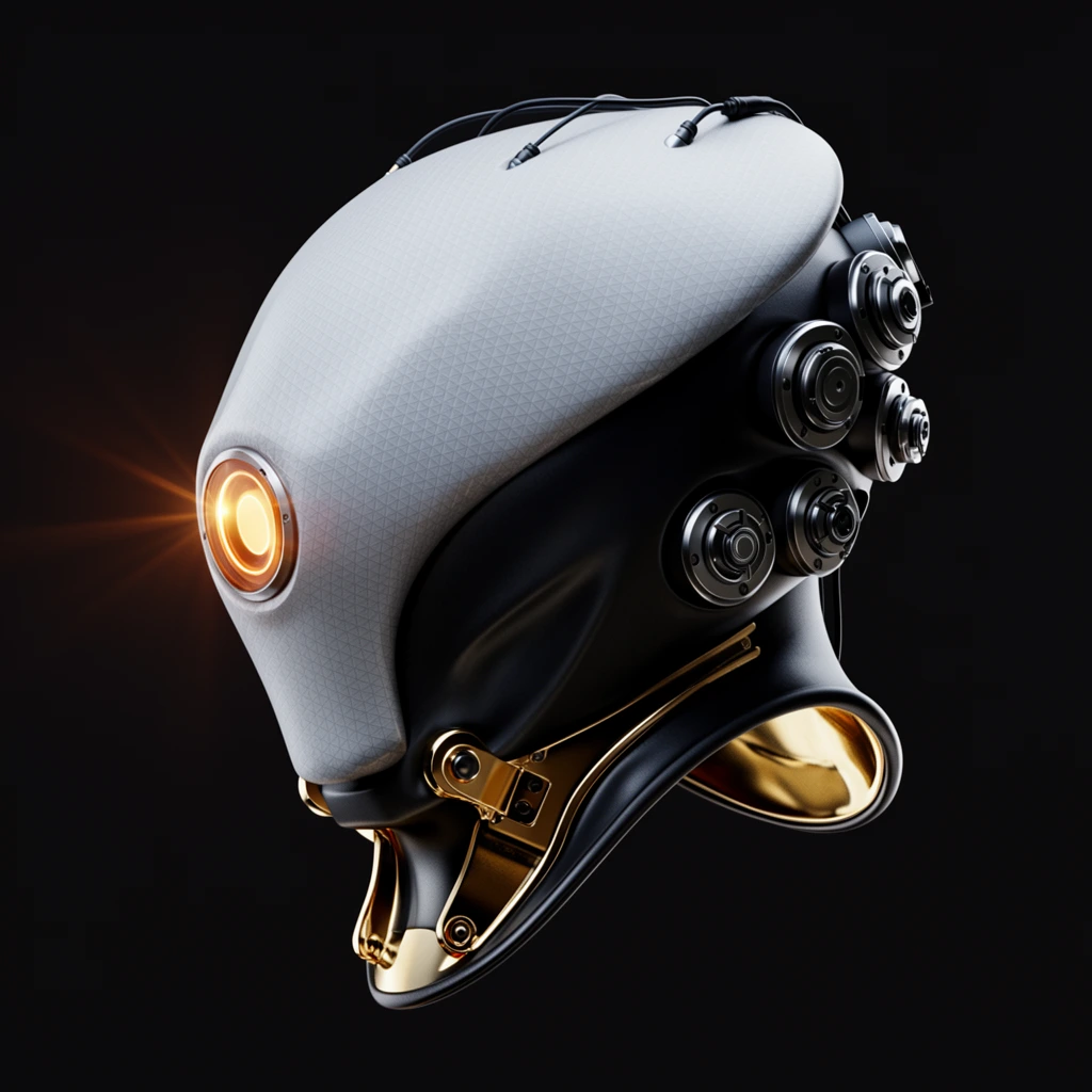 A futuristic high-tech helmet floats in three-quarter profile against a solid black background. The design features a sweeping, light gray upper canopy with a fine triangular micro-texture, contrasting against a matte black synthetic under-structure. A glowing amber circular optic sensor emits a sharp lens flare on the front side. Multiple dark metallic circular nodes resembling mechanical dials cluster near the back. Reflective gold metallic brackets secure the jawline, connecting to a curved neck guard with a gleaming gold interior. Small black cables emerge near the crown. Dramatic studio lighting highlights the distinct material finishes in this photorealistic industrial design render.