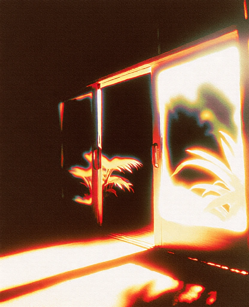 sliding glass double doors of a greenhouse, lush tropical plants and ferns, interior foliage visible through glass, long cast shadows on a foreground path, high-contrast solarized luminescence, blown-out white-hot highlights, intense prismatic halation, radiant glow, deep obsidian void, heavy analog film grain, gritty lo-fi texture, warm amber and fiery orange color treatment, acid-graphix aesthetic, ethereal bloom, spectral chromatic aberration, surreal nostalgic atmosphere