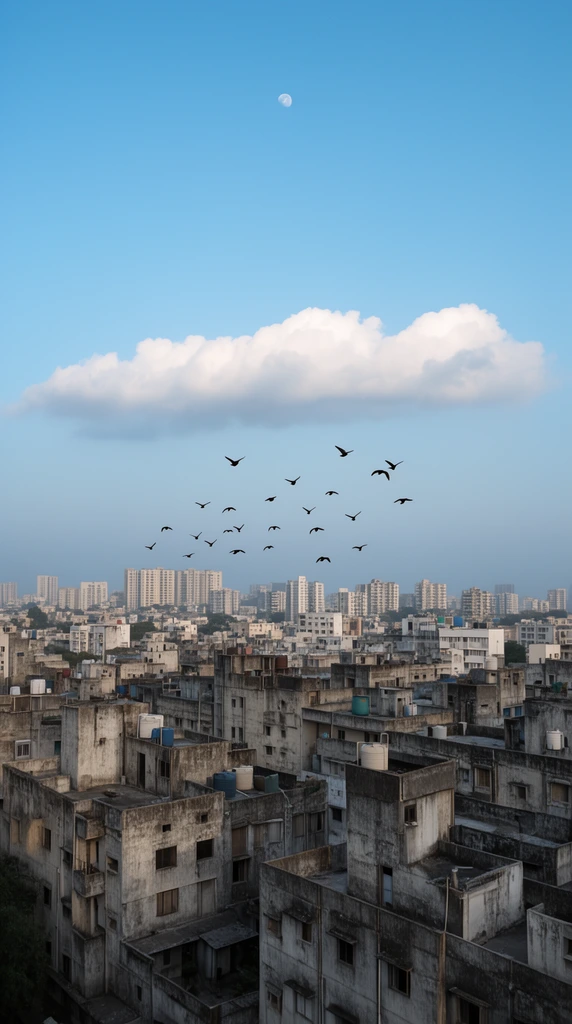 sprawling dense cityscape of weathered grey concrete buildings, flat roofs with water tanks, distant skyline of apartment blocks, vast clear blue sky, solitary elongated horizontal white cloud, flock of dark birds in flight, faint moon high in the atmosphere, wide-angle landscape photography, soft natural daylight