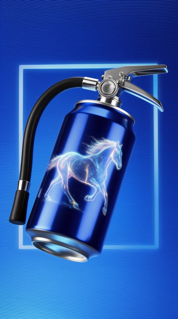 A floating aluminum beverage can merged with the metallic lever and black rubber hose of a fire extinguisher. The glossy dark blue cylinder features an ethereal, glowing graphic of a galloping horse formed from luminous particles. The object hovers diagonally against a vibrant blue gradient background textured with fine horizontal ridges. A glowing light blue rectangular frame accents the space behind the hybrid object, captured in a crisp, high-contrast 3D product photography style with sharp metallic reflections.