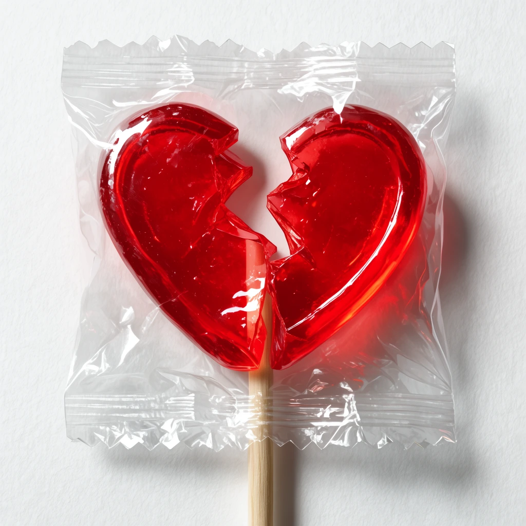 Broken heart-shaped red lollipop on a wooden stick, glossy translucent candy split down the middle, sealed inside crinkled clear cellophane wrapper, textured white background, sharp highlights on plastic, soft drop shadows, photorealistic illustration, top-down angle