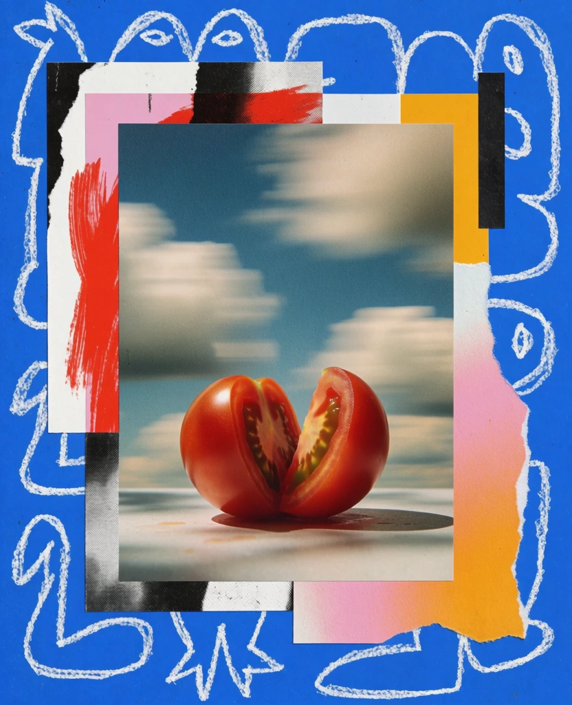 multimedia collage art, single tomato with a wedge cut out on a flat surface, grainy motion-blurred clouds in background, solid cobalt blue backdrop with gestural white crayon line sketches, layered composition with torn paper edges and offset white borders, high-contrast monochrome photography mixed with bold red painterly strokes and mustard yellow color blocks, lo-fi xerox texture, soft pink and orange gradient overlays, analog film grain, fragmented surrealist aesthetic.