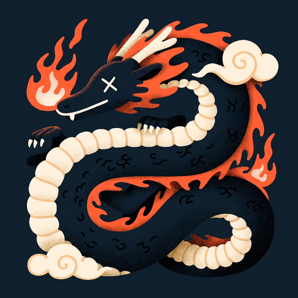 stylized serpentine dragon, looping dark navy body, segmented cream underbelly, X-mark eye, flat orange fire, swirling clouds, stipple shading texture, dark navy background