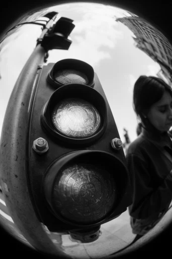 Distorted Monochrome Noir style reference image — extreme fisheye distortion