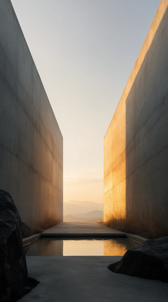 two towering parallel concrete walls forming an open corridor, warm golden sunlight striking the inner right wall, deep shadows on the left wall, shallow reflecting pool on a concrete slab, dark rough boulders in foreground corners, dry tall grass, hazy distant mountain range, pale gradient sky from soft blue to warm yellow, low-angle perspective, stark geometric composition, architectural photography
