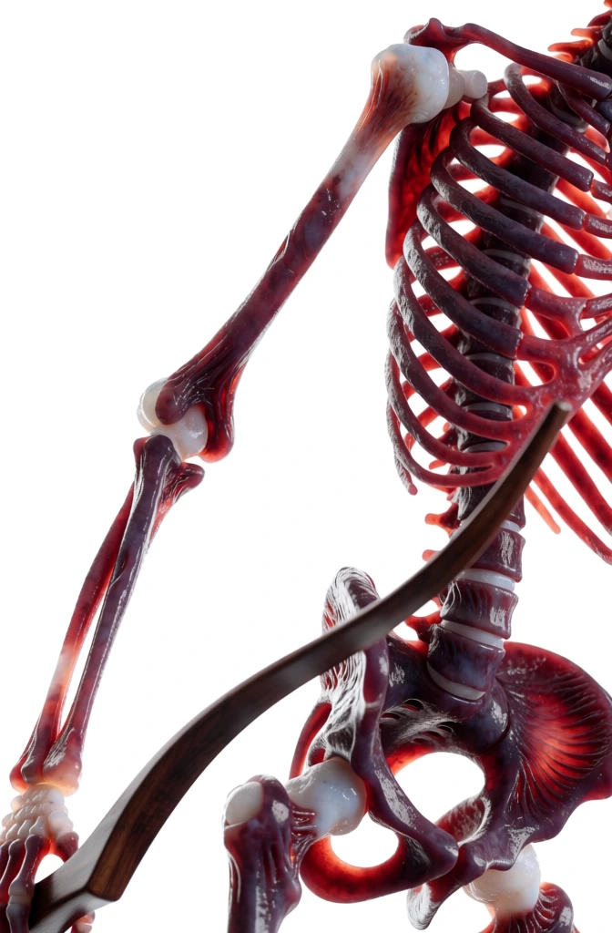 macro photography, high-key studio lighting, stark white background, skeleton with deep crimson and plum-purple anatomical washes, glossy wet texture, bone joints with translucent white centers, holding a dark polished wooden bow, chased by a sleek dog in a dynamic spiraling curve, sharp focus, rich contrast, translucent subsurface scattering, minimalist aesthetic, saturated jewel tones, biological precision, smooth gradients, sophisticated curves, high-gloss finish