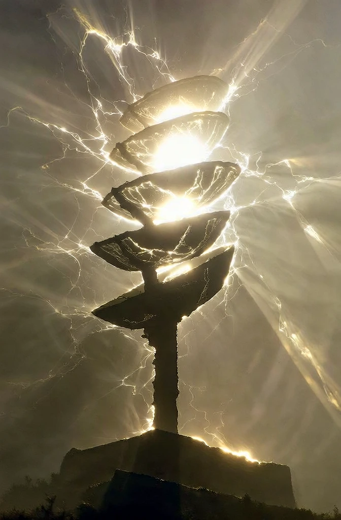 low-angle heroic perspective, square monolithic base with a vertical rod holding four stacked tilted bowl shapes, backlit by a blinding radiant core of white-hot light, monochromatic sepia and muted ochre color grade, high-contrast silhouette with ethereal rim lighting, volumetric light dispersion through dense atmospheric haze, heavy grain analog film texture, cinematic solarized glow, radiating fractured luminous energy, sharp geometric outlines against a hazy diffused background