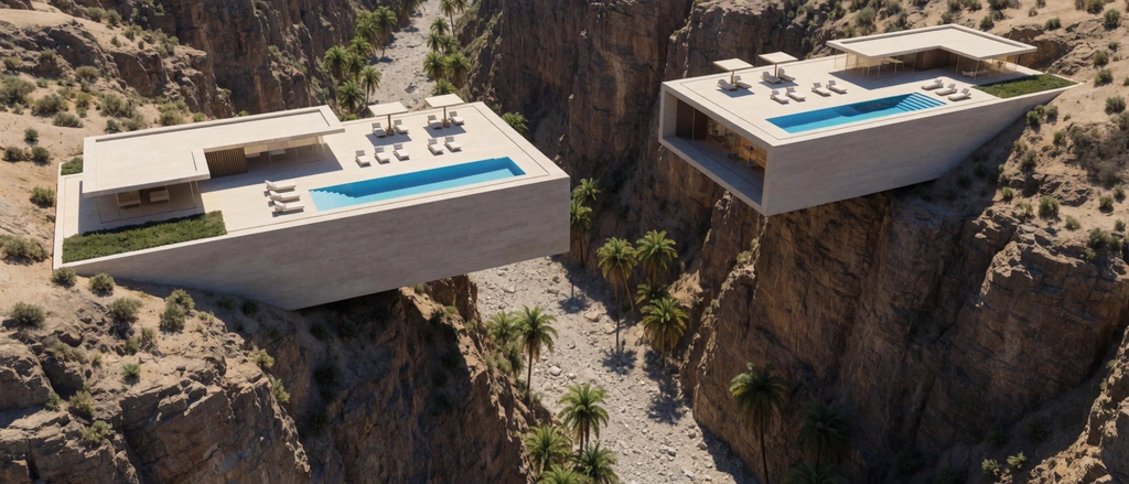 aerial perspective of luxury minimalist architecture built into steep rugged canyon walls, two massive rectangular volumes projecting over a deep gorge, flat rooftop terraces featuring bright blue swimming pools, sun loungers, glass pavilions, dry riverbed below dotted with green palm trees, bright desert sunlight, stark shadows, photorealistic architectural rendering