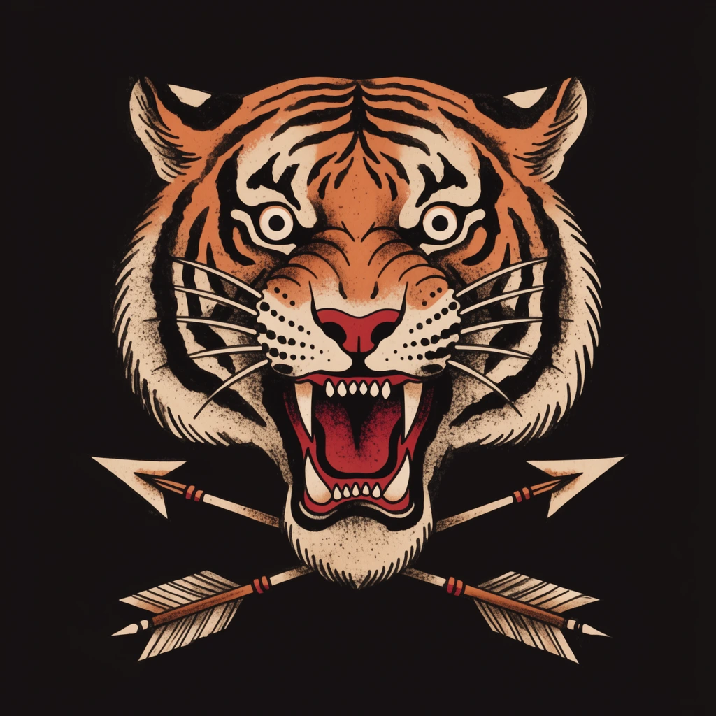 A roaring tiger head illustrated in a vintage traditional tattoo flash style centers against a solid black background. The intense feline features wide staring eyes, an open jaw baring sharp fangs, and muted orange and cream fur marked by thick black stripes. Two diagonally crossed arrows with feathered fletching pierce the lower neck area. The symmetrical artwork utilizes heavy black outlines, a limited color palette of orange, cream, and crimson, and distressed stippled shading techniques.