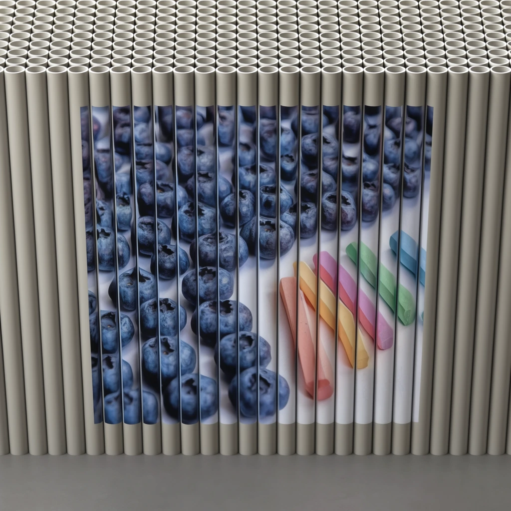 An anamorphic trompe l'oeil installation painted across a dense, volumetric grid of closely packed vertical cylindrical tubes, depicting a square picture of multiple close-up blueberries resting on a flat surface with four pastels lying diagonally to the right. The visual composition is fragmented across the convex surfaces of the physical pipes, aligning perfectly from a fixed frontal perspective to form a cohesive, continuous image. The painted subjects adopt a distinct vertically ribbed texture, exhibiting slight curving distortions at the lateral edges of each individual cylinder. Hundreds of open, hollow circular tube tops recede in highly structured, uniform rows across the upper horizontal plane. Soft, diffused studio lighting creates striking vertical highlights along the curvature of every tube while casting deep shadows into the narrow vertical crevices between them. The three-dimensional tubular canvas stands directly on a smooth, minimalist matte grey floor, isolating the segmented, printed aesthetic of the optical illusion within a muted, neutral environment.