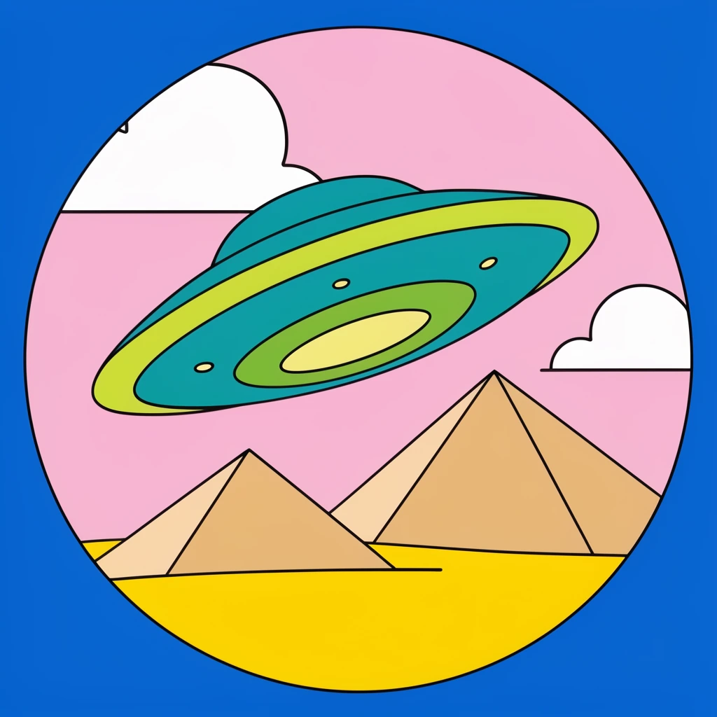 A circular pop-art illustration on a solid blue background. Inside the circle, a teal and lime-green flying saucer tilts in a pastel pink sky alongside stylized white clouds. Two tan pyramids rest on a bright yellow desert below. The artwork features bold black outlines and flat colors.