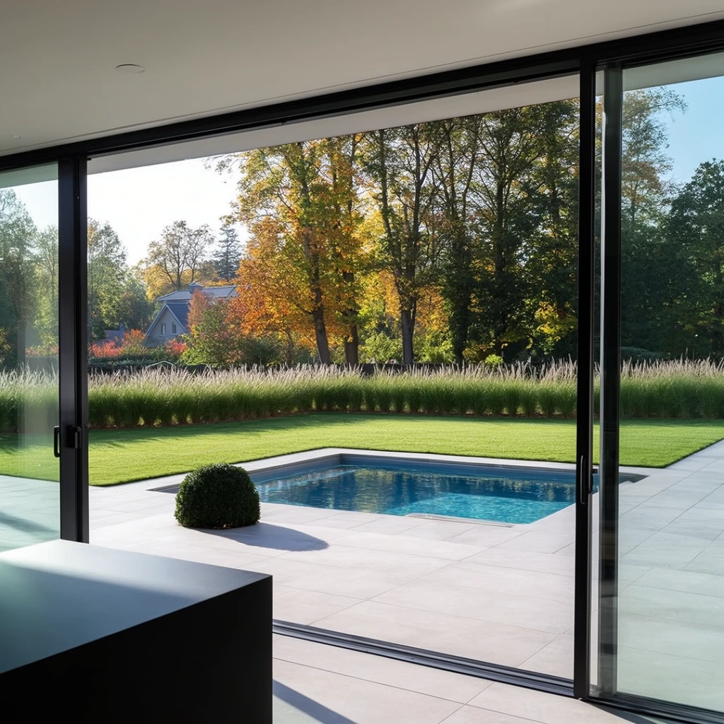 A view from an interior space looking out onto a modern backyard through large, open sliding glass doors with black frames. The interior ceiling and floor frame the view. A black rectangular object is partially visible in the bottom left foreground, casting a shadow. Outside, a light gray tiled patio extends to a rectangular swimming pool with clear, blue water. A small, dark green, dome-shaped bush sits on the patio near the pool's edge. Beyond the pool is a well-manicured, bright green lawn bordered by a low wall of tall, feathery ornamental grass. In the background, tall deciduous trees with green, yellow, and orange foliage indicate autumn. A house with a gray pitched roof is visible among the trees in the distance. The scene is brightly lit by natural sunlight, casting distinct shadows on the patio.