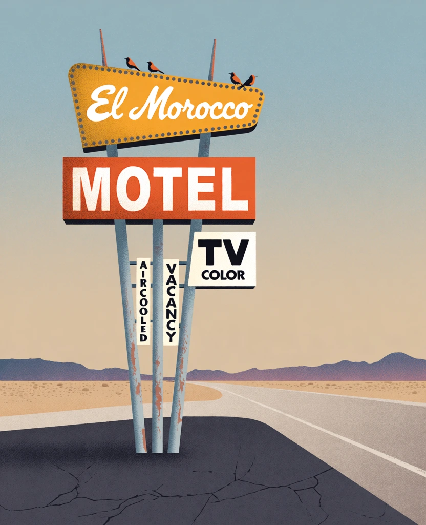 A weathered vintage motel sign stands prominently in a desert landscape beside a highway under a pale, gradient sky. The central sign structure is held up by three weathered gray metal poles rooted in a small base of light-colored stones. At the top, a large, pennant-shaped yellow board features the words "El Morocco" in white cursive script, bordered by a row of small, darkened light bulbs along its perimeter. Three small birds are perched on the upper edge of this top section. Directly below, a rectangular orange sign displays "MOTEL" in large, bold, white capital letters. To the right of the central pole, a smaller white sign shows "TV" in black block letters with "COLOR" printed in smaller black text underneath. Two narrow, rectangular signs are stacked further down the poles, displaying "AIR COOLED" and "VACANCY" in black capital letters on a pale background. The foreground is composed of dark, cracked asphalt that meets the light gray pavement of a curving highway. In the background, a flat desert plain leads to a silhouette of low, purple mountains under a sky that transitions from a light tan near the horizon to a muted blue at the top. The image uses a centered composition and a desaturated color palette of orange, yellow, and blue, creating a minimalist and nostalgic atmosphere with soft, diffused lighting.