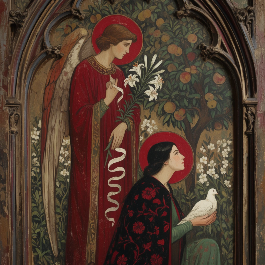 tall gothic arch painted panel, standing winged figure in a crimson robe holding a winding white ribbon and white lilies, red halo, kneeling woman below in profile looking upward, dark cloak with red floral patterns, green sleeves, holding a white dove, red halo, dense stylized background of a fruit tree and white blossoms, flat perspective, aged textured surface, muted jewel tones, gothic revival aesthetic, decorative illustrative painting