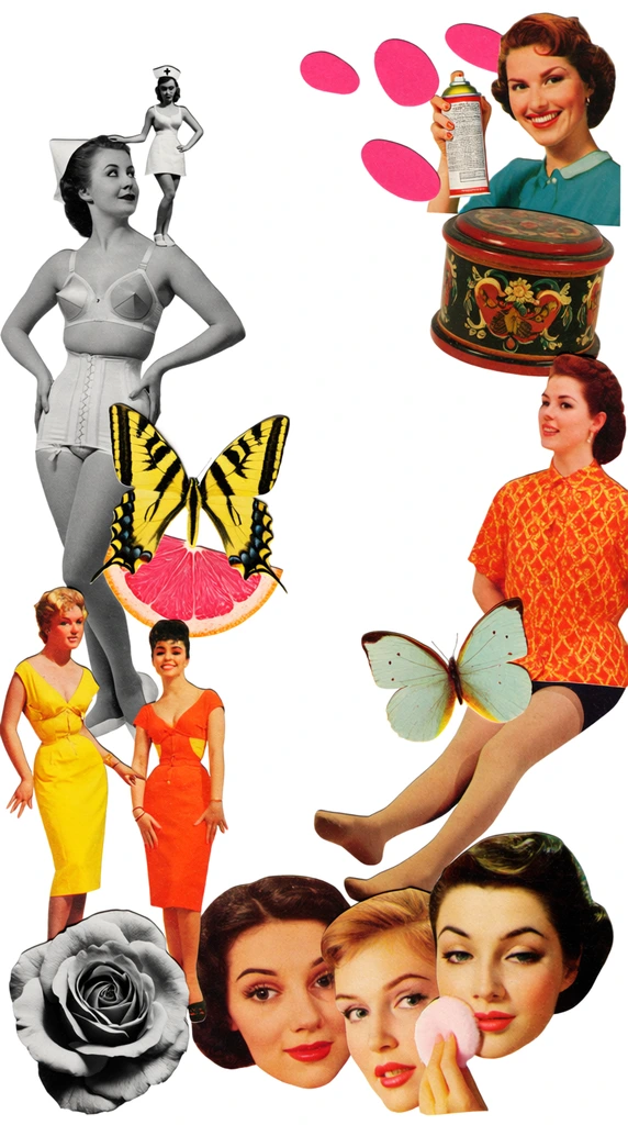 A surreal mixed-media paper collage on a stark white background features a scattered arrangement of vintage magazine cut-outs depicting mid-twentieth-century women, insects, and objects. On the left, a large grayscale woman in a retro conical bra and girdle balances a miniature grayscale nurse on her shoulder, positioned above a yellow swallowtail butterfly, a pink citrus slice, and two full-body cut-outs of women in vibrant yellow and orange dresses. The bottom edge anchors a stark black-and-white rose beside a cluster of overlapping female faces, including one applying makeup with a soft powder puff. The right side features a woman in a bright orange patterned blouse layered over disembodied kicking legs in tights and a pale blue butterfly. At the top right, a smiling woman in a teal top holds an aerosol spray can above an ornate painted wooden container, alongside scattered pink oval shapes. The composition creates a flat, pop-art aesthetic contrasting monochromatic photography with highly saturated vintage color printing.