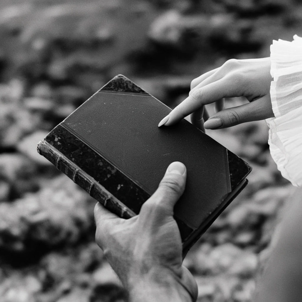 close up of hands holding a dark hardcover book, black and white vintage film photography, elegant hand with a white ruffled cuff resting a single finger on the front cover, a second masculine hand gripping the bottom edge, antique half-bound book with dark textured corners, heavily blurred background featuring rough rocky terrain, shallow depth of field, cinematic framing, soft natural lighting, high contrast monochrome