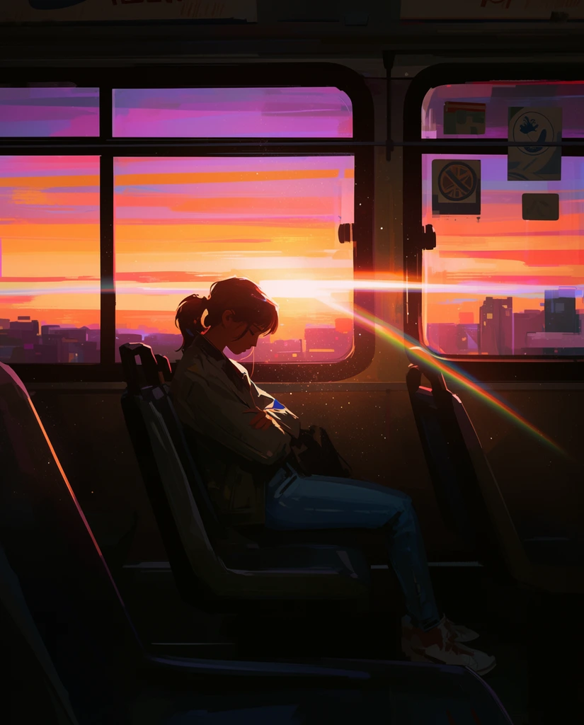 A young woman sits alone in the shadowy interior of a bus, silhouetted against a brilliant sunset framed by large panoramic windows. She slouches in a dark seat with arms crossed and head bowed, wearing a casual jacket and jeans. The dim, moody interior contrasts with the vibrant cityscape outside, painted in vivid horizontal bands of orange, pink, and purple. A striking anamorphic lens flare cuts across the composition, catching floating dust motes. The cinematic digital illustration uses expressive brushstrokes and dramatic high-contrast lighting to create a melancholic, atmospheric scene. Decals cling to the rightmost window glass.