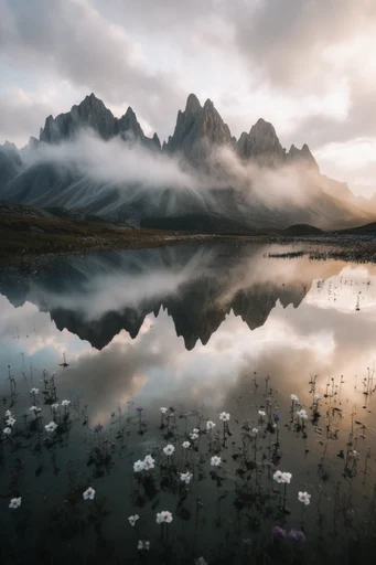 Ethereal Alpine Stillness style reference image — golden hour lighting