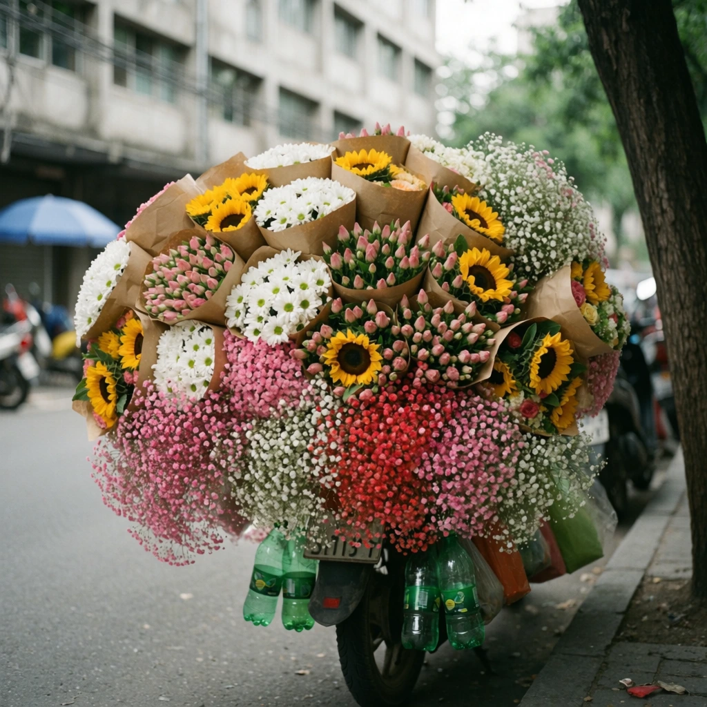 A massive, overflowing display of wrapped flower bouquets engulfs the rear of a parked motorcycle. The dense arrangement features bright yellow sunflowers, white daisies, tight pink buds, and cascades of vibrant pink, red, and white baby's breath bundled in kraft paper. Green plastic bottles dangle from the loaded bike parked on an asphalt street beside a tree trunk. A blurred urban background reveals a concrete building and a distant blue umbrella. The street photography scene features a shallow depth of field, soft natural daylight, and filmic color grading.