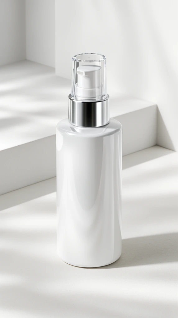 A minimalist product shot featuring a glossy white cylindrical bottle with a silver metallic collar and a clear acrylic pump dispenser. The sleek container rests on a matte, subtly textured off-white surface against a backdrop of clean, stepped white geometric ledges. Soft, dappled light casts diagonal shadows across the entire scene, highlighting the bottle's reflective curve. The composition utilizes a high-key, monochromatic white and silver palette with sharp, photorealistic rendering typical of luxury cosmetic commercial photography.