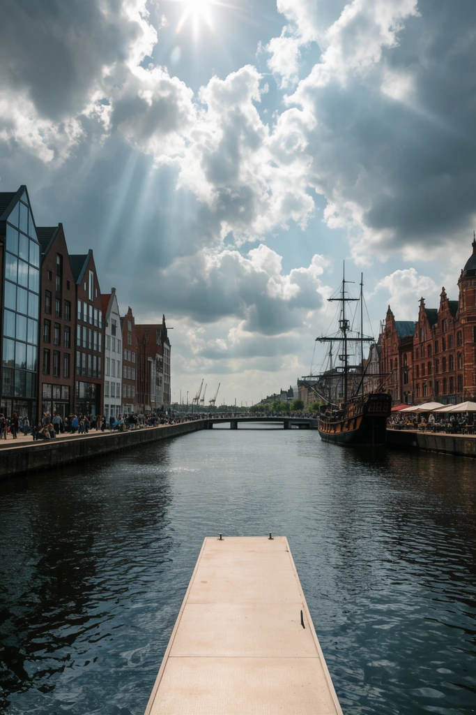 A dark canal flows through a historic city under a dramatic sky of cumulus clouds and bright sunbeams. A flat, light-colored pier extends into the rippling water in the foreground. The left bank features tall, narrow gabled buildings blending modern glass and traditional brick along a busy promenade. The right bank displays ornate red-brick architecture, outdoor cafes, and a vintage dark-wood tall ship moored at the edge. A low bridge and distant cranes sit on the horizon.