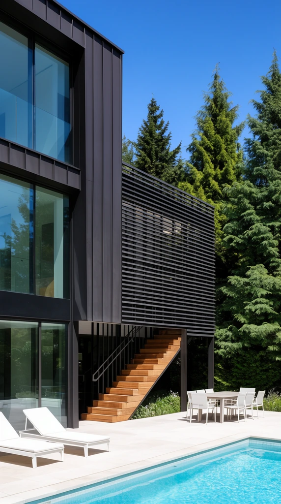 A modern multi-story home features dark metal cladding, expansive glass walls, a slatted facade screen, and an exterior wooden staircase beneath a clear blue sky. The bright sunlit patio includes a swimming pool, white lounge chairs, and a dining set framed by lush coniferous trees.