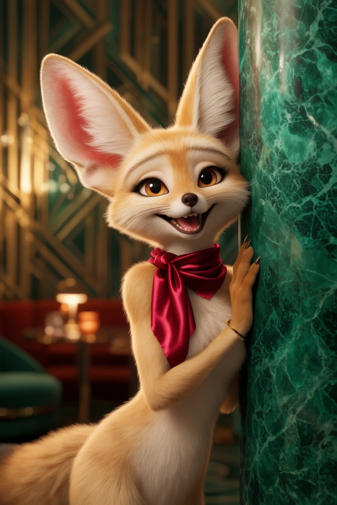 A 3D animated anthropomorphic fennec fox wearing a crimson silk scarf leans happily against an emerald-green marble column inside an art deco lounge. Warm cinematic lighting illuminates her smooth tan fur and large tufted ears. A shallow depth of field blurs the geometric gold background.