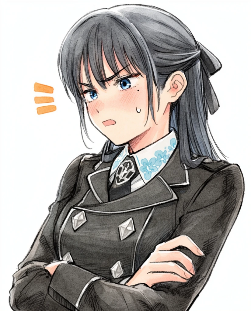 A young woman with dark grey hair and blue eyes crosses her arms in a dark double-breasted uniform in this anime-style illustration. Her hair is tied in a half-updo with a ribbon, with loose strands framing her face. She exhibits a flustered, indignant expression with flushed cheeks, a beauty mark under her left eye, a single sweatdrop, and three floating orange accent lines near her ear. The dark grey jacket features prominent diamond-shaped silver buttons, layered over a white shirt collar decorated with light blue floral motifs and a dark tie with a silver emblem. Her defensive posture is set against a stark white background. The hand-drawn manga aesthetic features sketchy textured linework, soft watercolor-style coloring, and cross-hatched shading that adds organic depth to the fabric and skin.