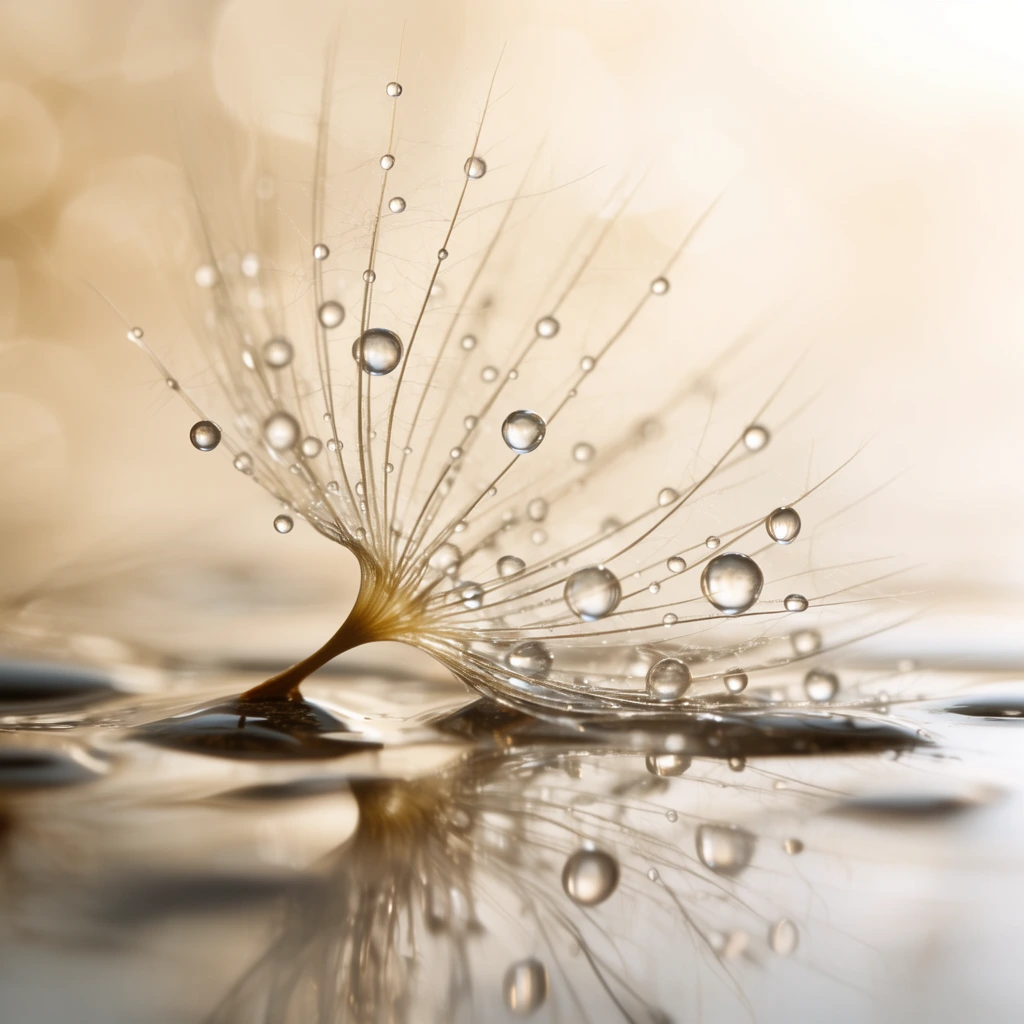 Extreme macro photography of a single dandelion seed resting on a wet reflective surface. Delicate feathery bristles fan outward, suspending perfectly spherical, clear water droplets of varying sizes. Warm pale gold lighting and a shallow depth-of-field bokeh background highlight the ethereal fragility, creating soft mirror reflections beneath the textured curved seed base.