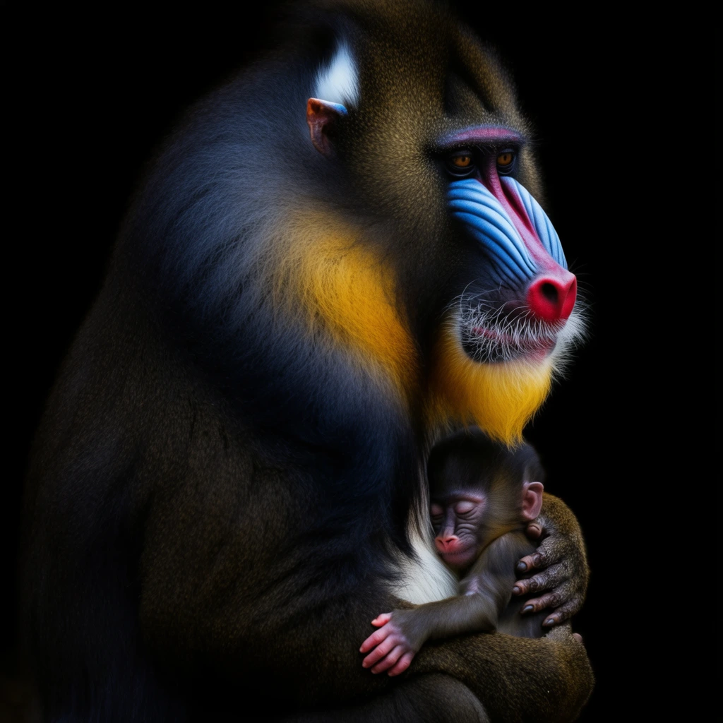 An adult mandrill cradles a sleeping infant against a pitch-black background in a dramatic chiaroscuro portrait. The adult features dark fur, a vivid face with bright blue ridges, a red nose stripe, and a golden-yellow beard. Tucked securely against its chest, the tiny baby rests with closed eyes, clutching the thick fur with small pinkish hands. Intense directional lighting highlights the adult's colorful facial details and the delicate infant, dissolving the adult's back into deep shadow.