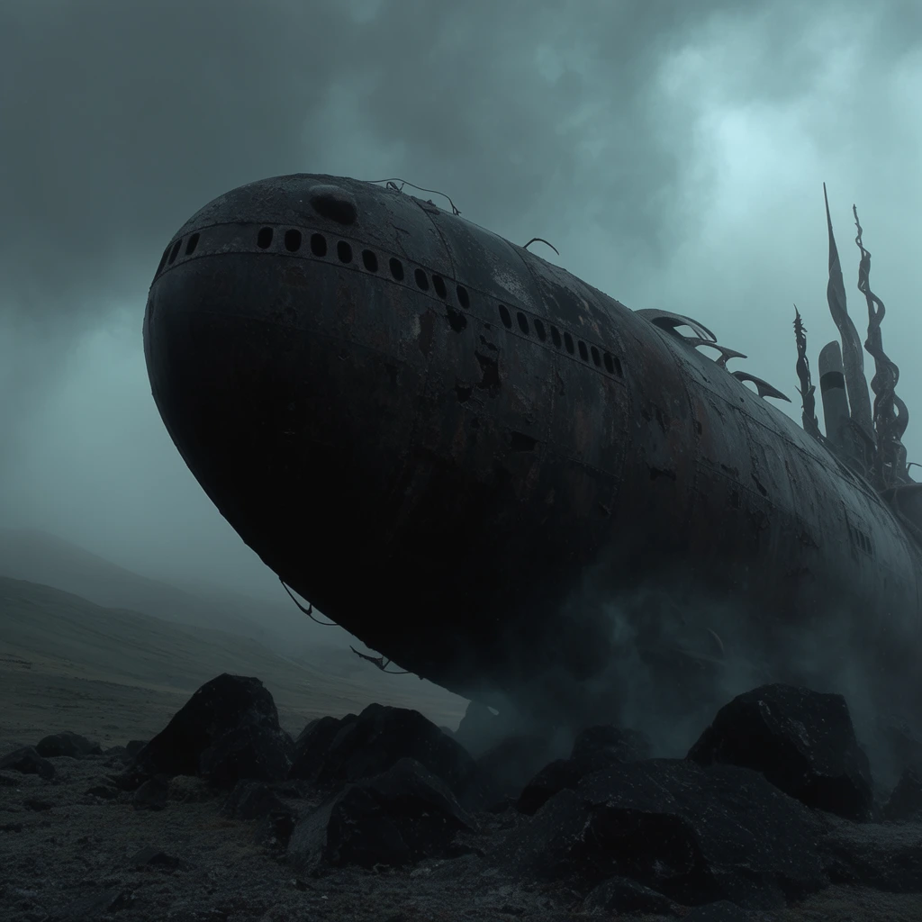 massive derelict deep-sea submarine grounded on a desolate rocky tundra, colossal rusted black metal hull towering from an extreme low-angle perspective, jagged obsidian boulders and swirling dark mist at the base, twisted metallic spires standing on the right, barren rolling hills fading into thick charcoal fog, oppressive overcast sky, moody teal and desaturated cyan color palette, cinematic atmospheric lighting, eerie surreal landscape