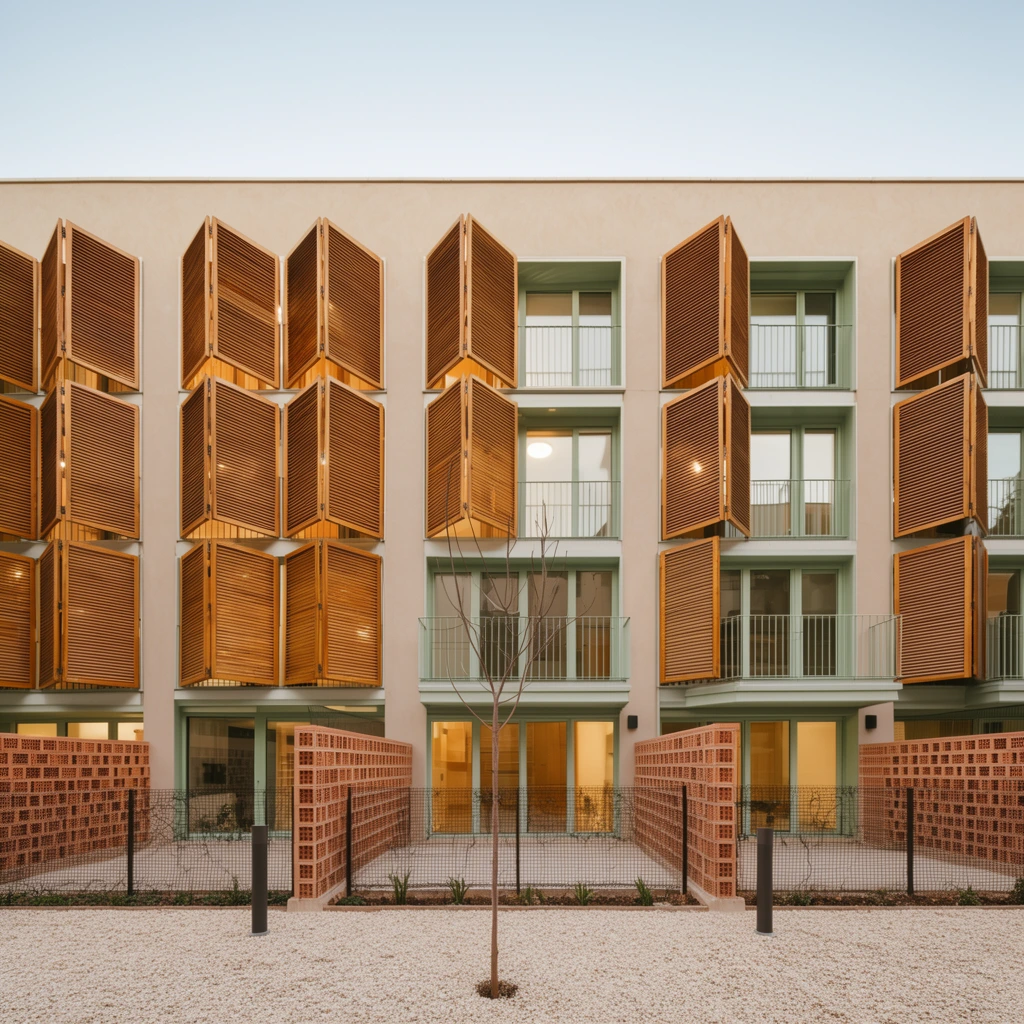 A modern residential building facade features smooth light beige walls punctuated by dynamic rows of warm wooden louvered shutters, many folded open at varying angles revealing glowing interior light. The large windows and balconies have pale mint green frames and thin metal railings. Ground-level patios are enclosed by perforated terracotta brick walls and delicate black wire fencing. A light crushed gravel courtyard fills the foreground, holding a single slender leafless sapling and short dark bollard lights. Architectural photography with precise vertical alignment, soft diffused daylight, and a harmonious earth-tone palette against a solid pale sky.