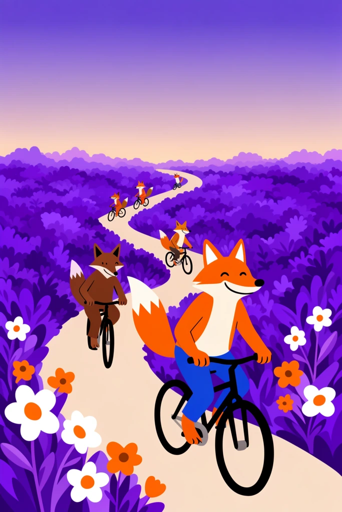 Anthropomorphic foxes ride black bicycles along a winding beige path through a surreal field of vibrant purple foliage. A smiling orange fox in blue pants pedals in the foreground, followed by several brown and orange foxes trailing behind on the snaking road. Oversized flat-vector white and orange flowers border the path. A smooth gradient sky fades from deep purple to a pale peach horizon. The whimsical flat vector illustration features bold colors and stylized proportions.