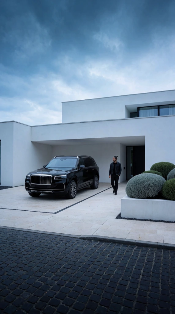 sleek black luxury SUV parked on a light stone driveway, minimalist white modern house, man with a hair bun in a dark jacket walking on a paved pathway, planter with rounded grey-green shrubs, dark cobblestone foreground, overcast blue sky, high-end commercial photography, cool cinematic lighting, wide-angle, crisp focus