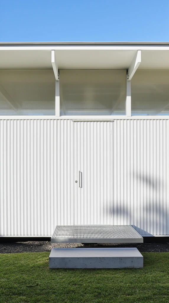 A straight-on architectural photograph of a minimalist white building facade featuring corrugated metal siding against a clear blue sky. A flat roof overhang is supported by exposed white beams, with translucent glass panels filling the upper gaps. A flush door blends seamlessly into the corrugated wall, marked solely by a vertical silver handle. A floating slatted metal landing hovers above a solid rectangular concrete step resting on dark gravel, bordered by a manicured green lawn. A soft shadow of foliage falls on the stark white wall. Crisp daylight emphasizes the geometric lines, high contrast, and clean mid-century modern aesthetic.