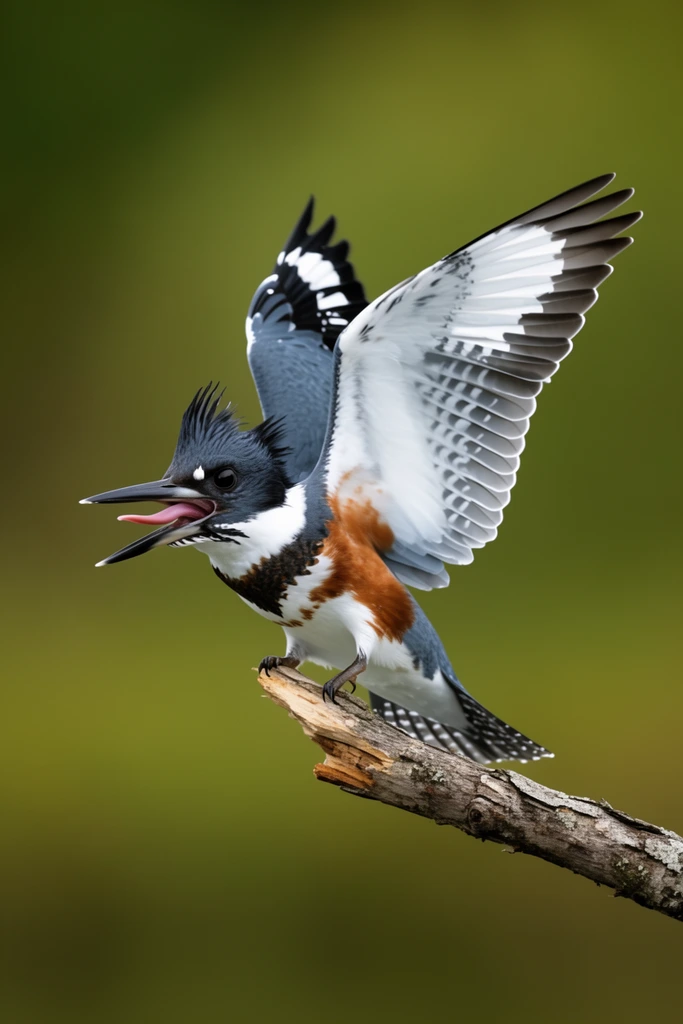 A Belted Kingfisher perches on a broken branch, leaning forward with wings flared to display white underwings and gray barring. Its slate-blue crested head features a wide-open, dagger-like beak exposing a pink tongue above a white and rusty-brown breast. The sharply focused bird contrasts against a smooth, blurred olive-green background under soft daylight.