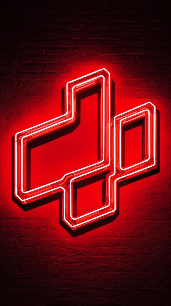 glowing red neon light installation, complex double-lined geometric tube structures with bright white cores, intense crimson radiant halo illuminating a dark red textured brick wall, sharp black cast shadows beneath the fixtures, high contrast dramatic lighting