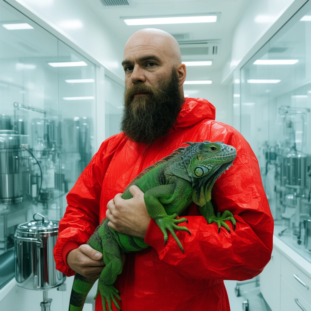 Bald man with thick beard, bright red hazard suit, holding a large green iguana, medium shot, brightly lit sterile white laboratory, glass panels, chrome medical equipment, cinematic lighting, sharp focus, 35mm photography, high contrast